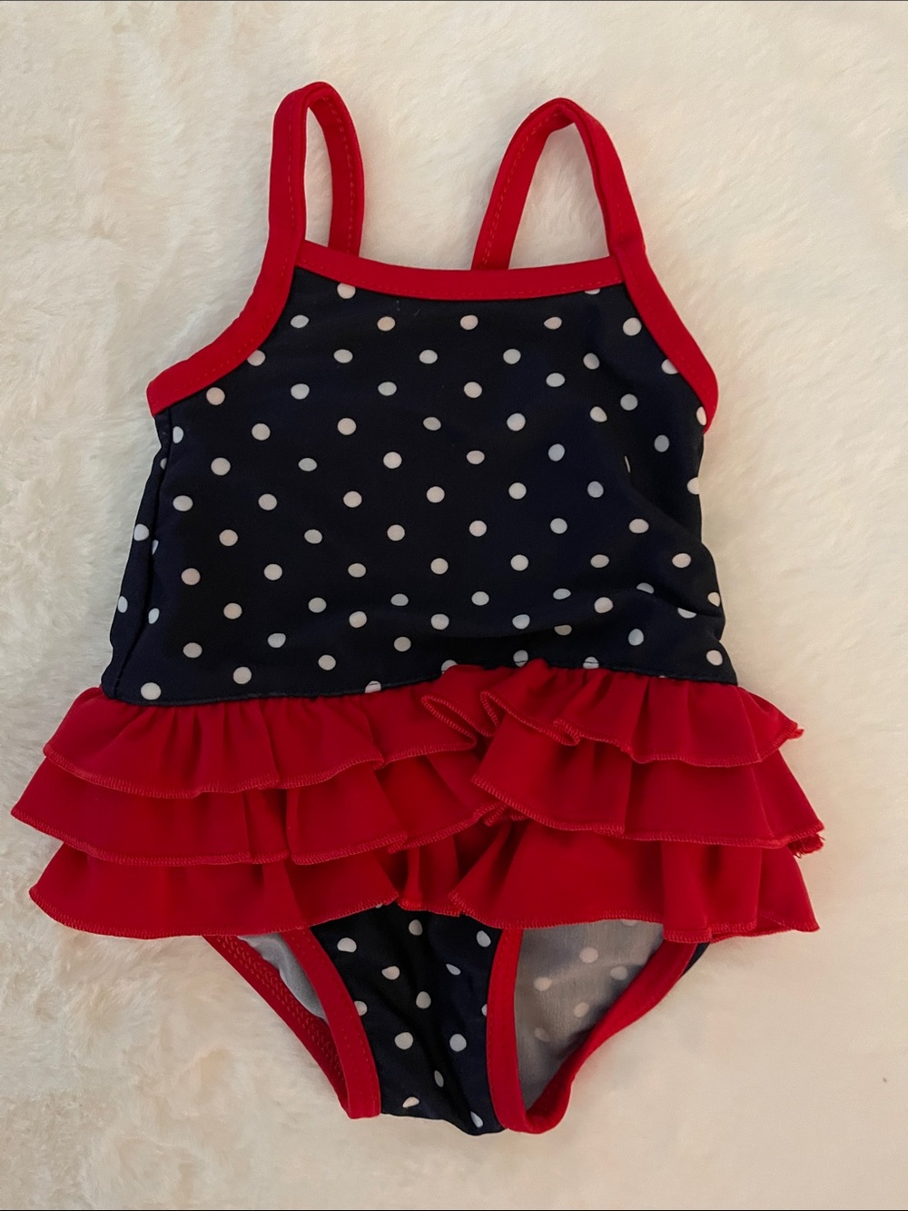 Carters Infants Navy Polka Dot Ruffle One-Piece Swimsuit - Red Trim SZ 3 months